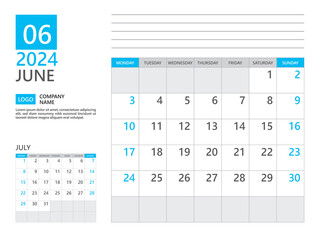 June 2024 template, Calendar planner 2024, week start on Monday, Desk calendar 2024 year, simple planner and clean design, Wall calendar design, Corporate planner template, Business template