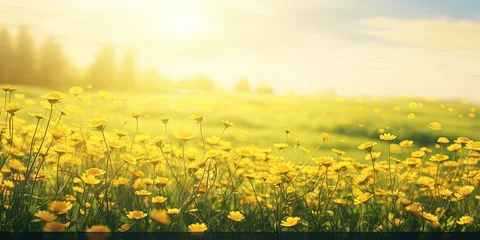 Zelfklevend Fotobehang Sunlit meadows. Embracing beauty of nature summer landscape. Sunny horizons. Exploring vibrant flora and scenic beauty © Thares2020