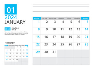 January 2024 template, Calendar planner 2024, week start on Monday, Desk calendar 2024 year, simple planner and clean design, Wall calendar design, Corporate planner template, Business template