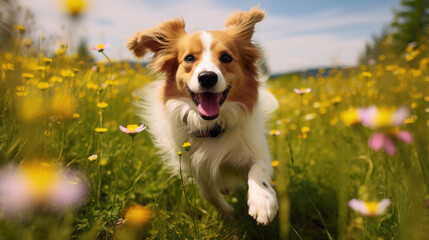 Dog Walking In A Blooming Spring Meadow Joyful , Background Image, Hd - obrazy, fototapety, plakaty