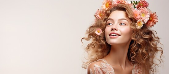 On a white backdrop a lovely young lady with flowers adorning her hair gently sends a kiss through the air