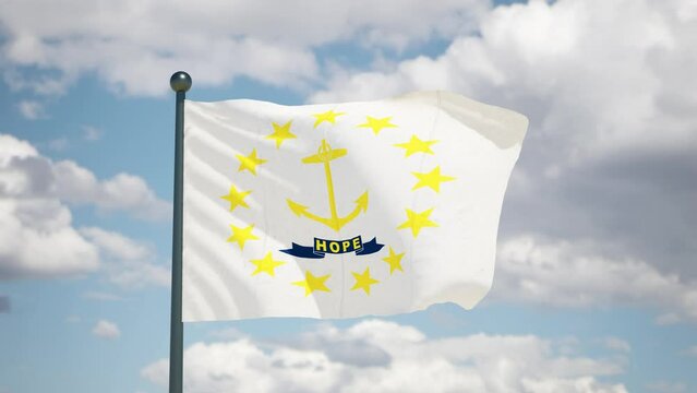 Rhode Island state waving flag. USA Close up American RI flag flutters in the wind. Cloudy sky background. Realistic 3d render cgi.