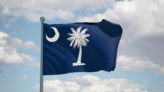 South Carolina state waving flag. USA Close up American SC flag flutters in the wind. Cloudy sky background. Realistic 3d render cgi.