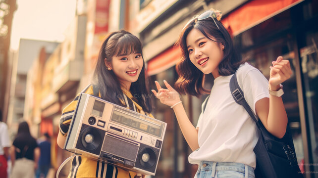 90s teens dance with boombox in the city