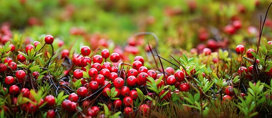 In autumn vibrant red cranberries of the wild variety thrive amidst blades of grass in a lush meadow nestled within the woods