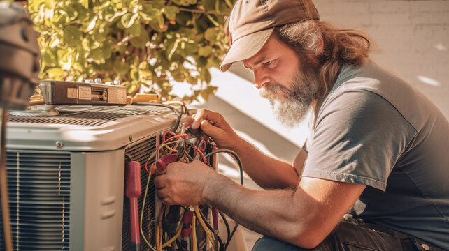 A technician working on air conditioning outdoor unit. generative ai