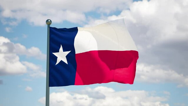 Texas state waving flag. USA Close up American TX flag flutters in the wind. Cloudy sky background. Realistic 3d render cgi.