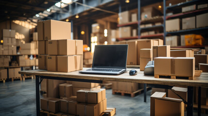 Office in warehouse with products, inventory, small business. - obrazy, fototapety, plakaty