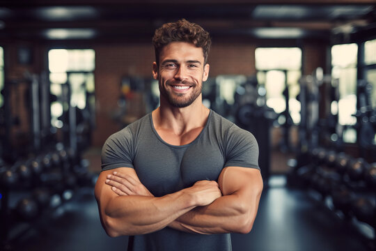 Muscular man posing in gym backdrop generativve ai