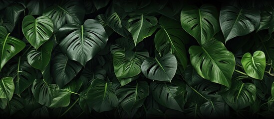 Toning the background with dark hues this close up captures a jungle pattern concept with a Monstera Deliciosa leaf on a wall The wild growth of green leaves from the Monstera philodendron 