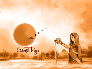 Happy Chhath puja traditional Indian festival greeting card - obrazy, fototapety, plakaty