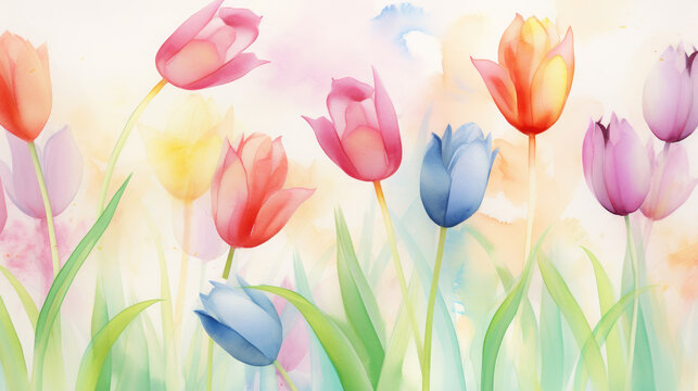 Pastel Tulips Watercolor Seamless Pattern Springtime, Background Image, Hd