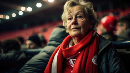 Fototapeta na wymiar Portrait Of A Mature Female Football Fan With Years, Background Image, Hd