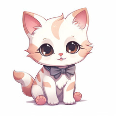 Cute White and Orange Kitten with Gray Bowtie Sitting on White Background