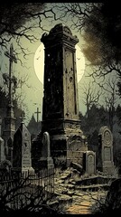 Gothic cemetery at night with full moon and mausoleum - obrazy, fototapety, plakaty