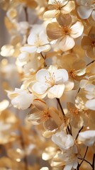 Golden and white artificial flowers on a tree branch for  decoration