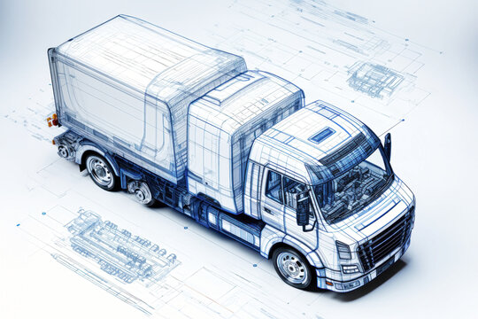 Projection of a modern truck or truck. 3D graphic visualization shows the analysis and optimization of a fully developed vehicle prototype. Modern technologies of mechanical engineering.