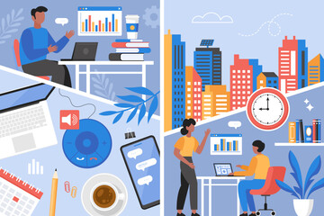 Return to office concept. Modern vector illustration of people working in office workplace