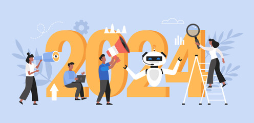 New Year 2024 trends, plans and growth business concept.  Modern vector illustration of people analyzing trends and using AI technology - obrazy, fototapety, plakaty