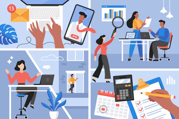 Hybrid working and return to office business concept. Modern vector illustration of people working at home and  in office workplace