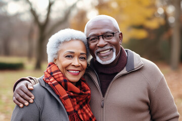 An elderly dark-skinned couple, a man and a woman, hugging in an autumn park. They look at each other with a loving gaze. Seniors dating. Relationships in old age. Love and romance.