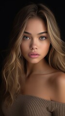 Obraz premium Beautiful Caucasian Woman in Brown Sweater Posing Against Black Background