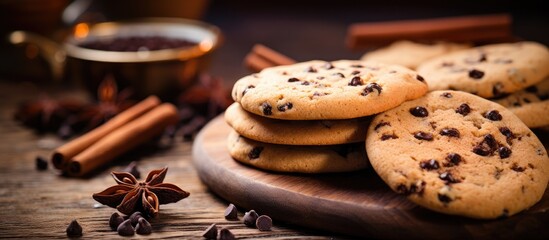On a rustic table backdrop there are cocoa infused chocolate chip cookies made from scratch The picture has a softened tone with a focus on the cookies