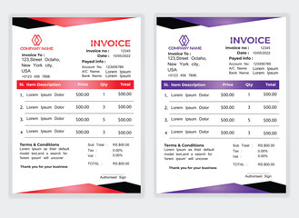 Business Minimal Corporate Invoice design template vector illustration bill form price . Creative template and stationery design payment agreement design template Cash Memo, Vector Quotation Design