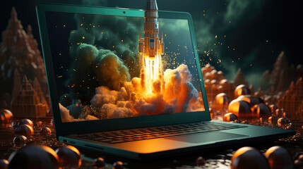 Rocket Coming Out Of Pc Monitor Screen Startup, Background Image, Hd