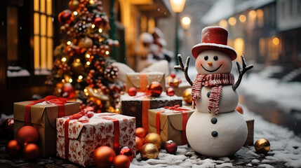 Winter holiday christmas background, snowman wearing wool hat and scarf, on snowy snow snowscape.