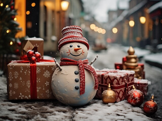 Winter holiday christmas background, snowman wearing wool hat and scarf, on snowy snow snowscape.