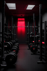 Fototapeta na wymiar A dark gym with a red light on the wall and bar