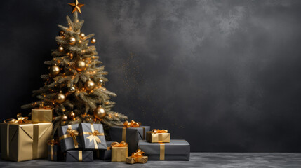 Luxury christmas card with xmas tree and gifts on dark grey background