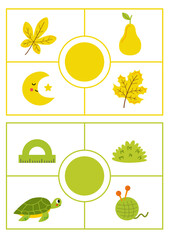 Learning colors worksheet for kids. yellow and green color flashcard.