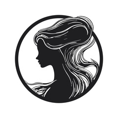 Silhouette of a woman with long flowing hair, with isolated background.
