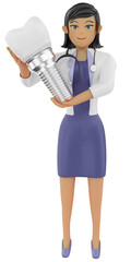  female dentist showing tooth implant 3d illustration