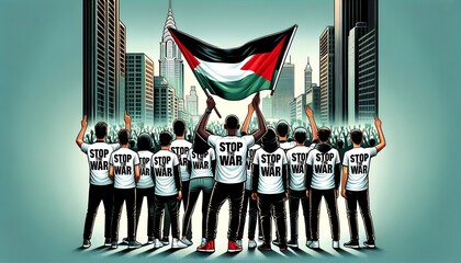 Protestants with Palestinian flag and shirt with text Stop the war, Gaza Israel conflict background