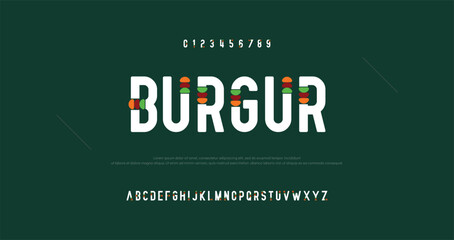 BURGUR Colors font alphabet letters. Modern logo typography. Color creative art typographic design. Festive letter set for rainbow logo, headline, color