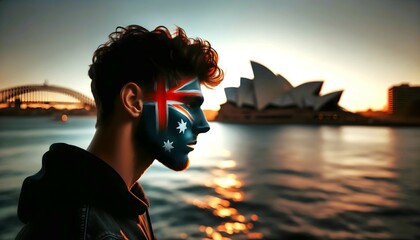 Portrait of man with painted Australian flag over his face for Australia day 26. January, background