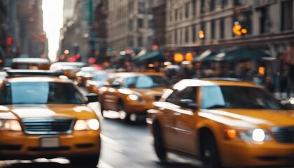 Cars speeding past with a blurred trail. A lively city scene in the center of Manhattan.