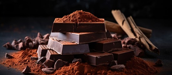 Organic chocolate pieces in dark or milk varieties along with cocoa powder arranged on a background...
