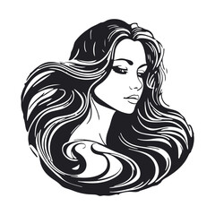 Silhouette of a woman with long flowing hair, with isolated background.