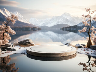 Natural landscape with poduim stand. Mountain, lake, winter Use for product presentation and banner.