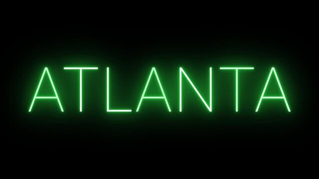 Flickering neon green glowing atlanta sign animated black background.