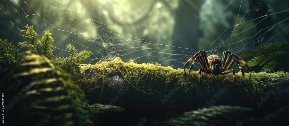Poster the forest background contains a spider with its intricate web