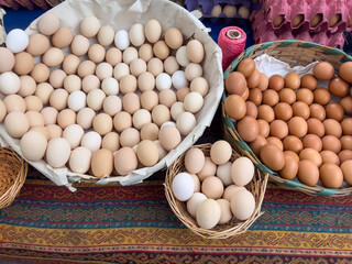 eggs in a basket on table in farmers market