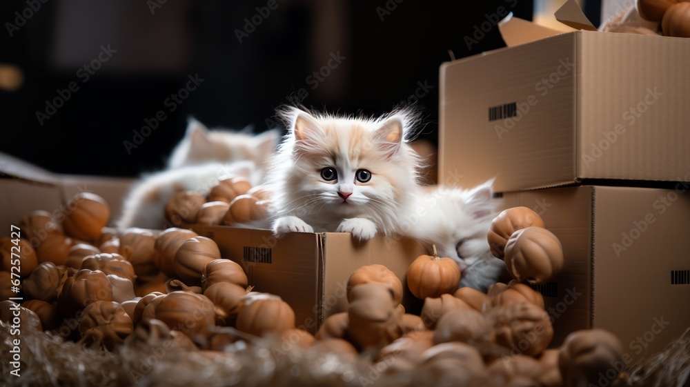 Wall mural adorable domestic kitten posing in cardboard box