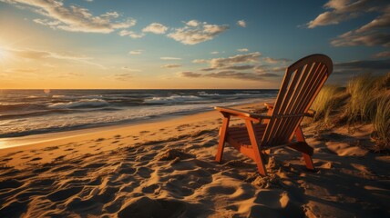 Calm sunset beach with chair and beautiful horizon