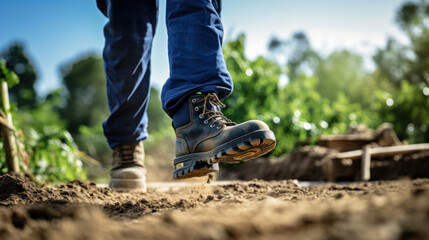Sand-colored old farm male boots on garden soil. Man run in garden on lawn with grass breaking through ground. Preparing for spring sowing season. Autumn. Farmer. Worker in safety shoes.