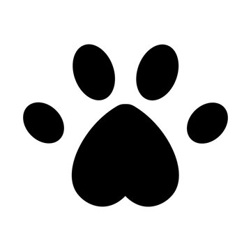 A black animal footprint on a white isolated background, a simple cat or dog footprint icon, a heart-shaped footprint
